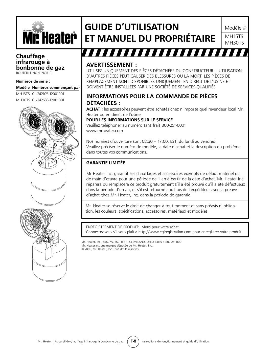 Mr. Heater MH15tS Informations Pour LA Commande DE Pièces, Détachées , Pour LES Informations SUR LE Service 